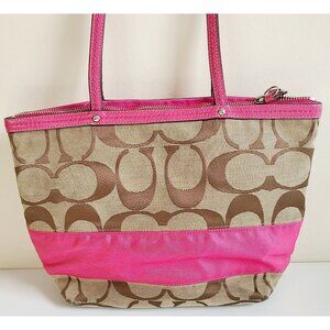 Coach Signature Tote Canvas Beige/Pink Shoulder Bag F13548 Leather Trim